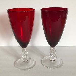 Red And Clear Glass Stemware Unmatched Set With Twisted Stems